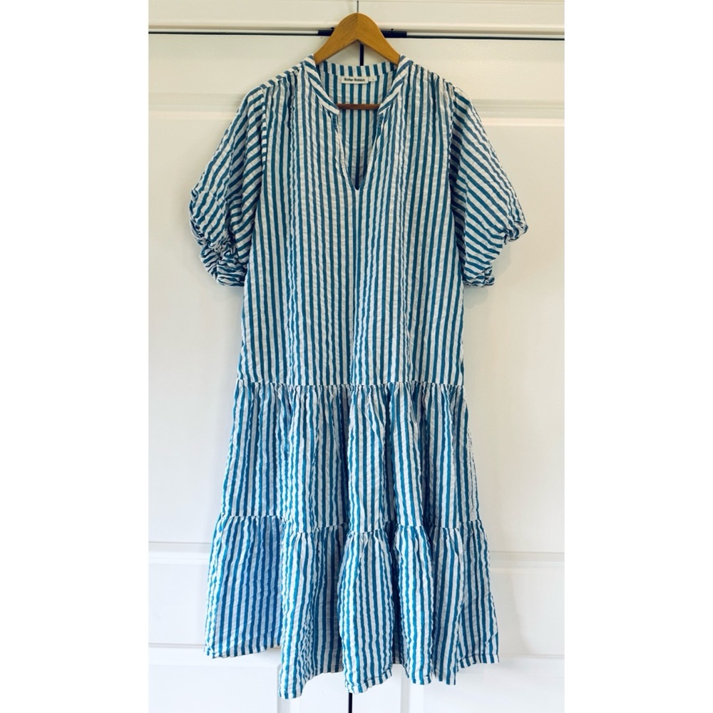 Roller Rabbit Dress Midi Cotton Stripe Puff Sleeve Tiered A Line Oversized Small